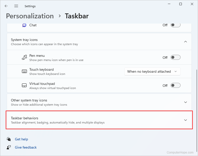 win11 taskbar behaviors selector