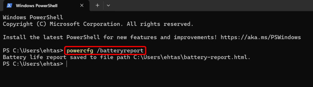 1 generating a battery health report from the windows powershell utility