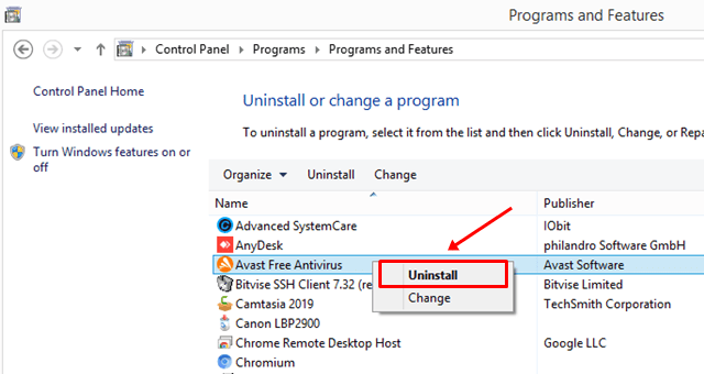 Right click on antivirus and Tap on Uninstall button