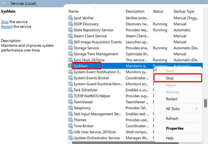 sysmain stop