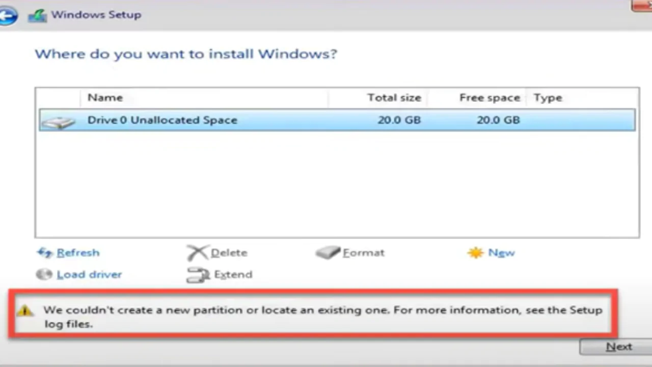 We couldn't create a new partition or locate an existing one