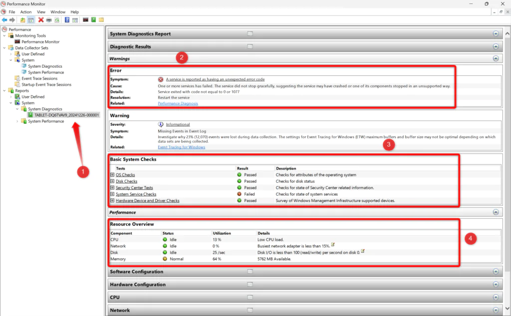 6 checking the system diagnostic report in performance monitor