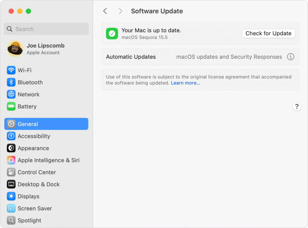 imgi 4 macos sequoia system settings general software update check for update